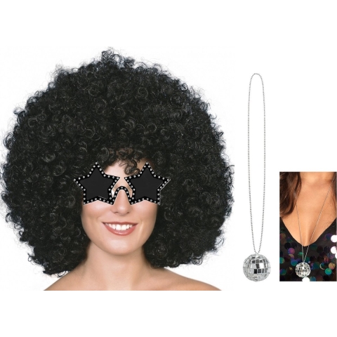 Carnaval verkleedset afropruik zwart/sterren bril/ketting - heren/dames - Seventies/disco thema -
