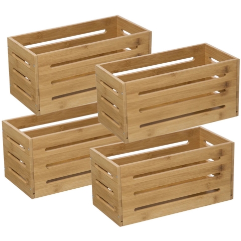 Fruitkisten opslagbox - 4x - open structuur - lichtbruin - hout - L31 x B15 x H15 cm -