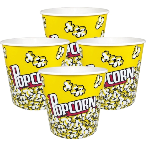 Popcorn bak - 6x - geel/wit - kunststof - D21 cm - 4.7 liter - herbruikbaar -