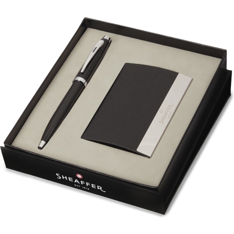 Sheaffer SF-G2933851-3 Balpen 100 M Giftset Glossy Black Lacquer Chrome Plated + Visitekaarthouder