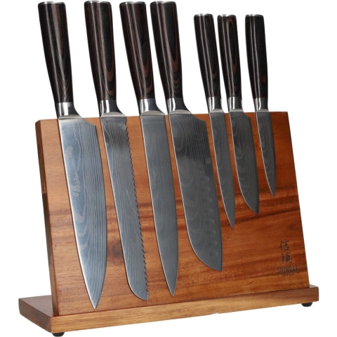 7-delige messenset damascus print + acacia houten messenhouder