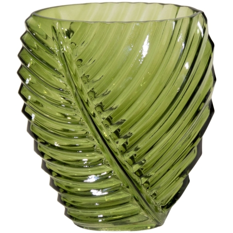 Mega Collections Bloemenvaas Leafy - groen - glas - blader relief - 11 x 21 cm -