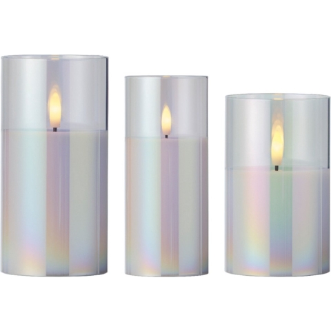 Luxe LED kaarsen set - in glas - 3x stuks - transparant parelmoer - stompkaarsen - timer -