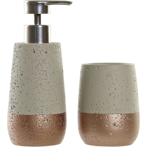 Badkamerset met zeeppompje en tandenborstel beker brons/creme polystone 19 cm -