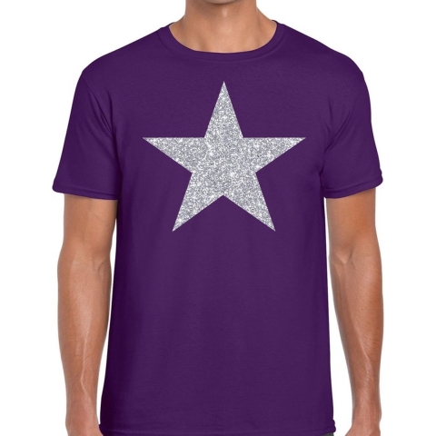Zilveren ster glitter t-shirt paars heren S -