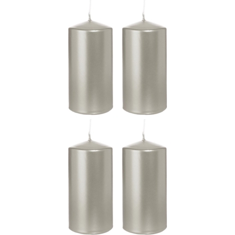 Cilinderkaars/stompkaars - 4x - zilver - 6 x 12 cm - 40 branduren -