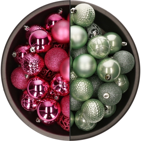 74x stuks kunststof kerstballen mix van mintgroen en fuchsia roze 6 cm -