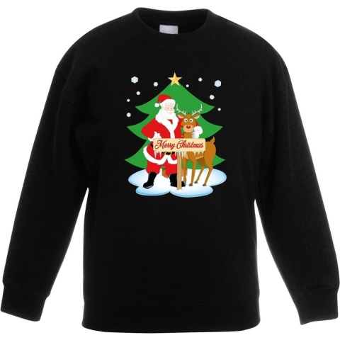Kersttrui kerstman en rendier zwart kinderen 14-15 jaar (170/176) -