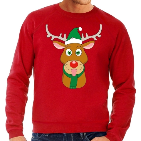 Foute kersttrui rendier Rudolf met groene kerstmuts rood heren L (52) -