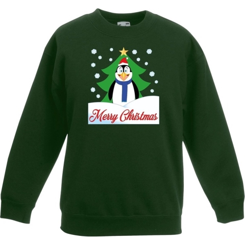 Kersttrui Merry Christmas pinguin groen kinderen 9-11 jaar (134/146) -