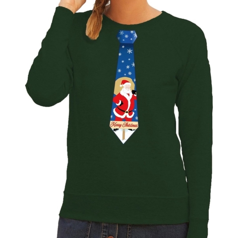 Foute kersttrui stropdas met kerstman print groen voor dames L (40) -