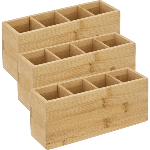 Make-up organizer - 3x - 22,5 x 7 cm - bamboe 4-vaks - rechthoek -