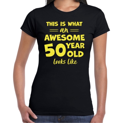 Verkleed T-shirt voor dames - leeftijd 50 jaar - awesome - zwart - glitter geel - Sarah S -