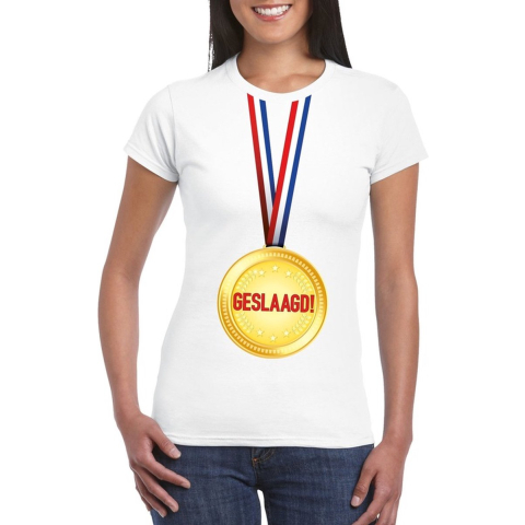 Geslaagd medaille t-shirt wit dames M -