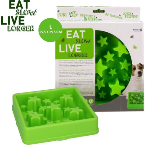 Eat Slow Live Longer Star Voerbak – anti-schrok voerbak – Slowfeeder voor honden – Anti-slip – Groen - 29.5 x 29.5 cm - L - Geschikt voor de kleine tot middelgrote hond