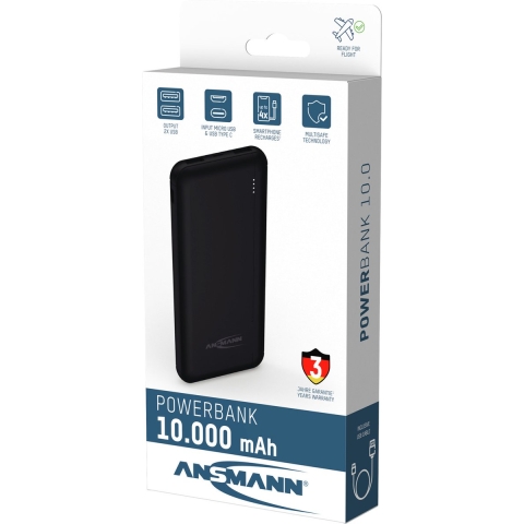 Ansmann PB212 Powerbank 10000 mAh Smart IC LiPo Micro-USB, USB-C, USB Zwart Statusweergave