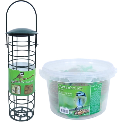 Vogel voedersilo metaal groen 23 cm inclusief 14 vetbollen -