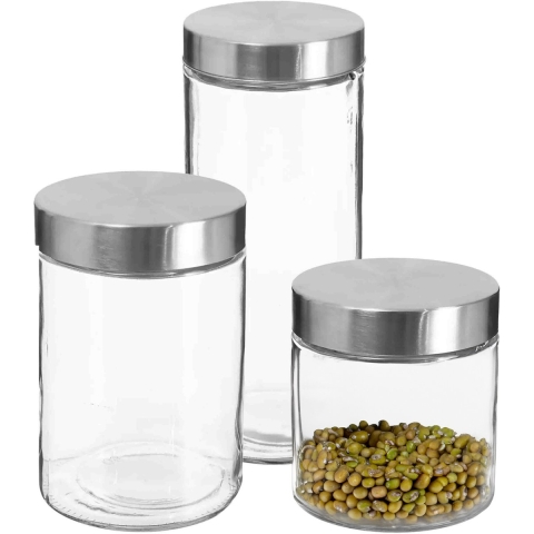 Set van 3x keuken voorraadbussen/potten glas RVS deksel - 3 formaten -