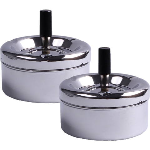 Terras asbak - 2x stuks - zilver - RVS - D12 x H7 cm - drukasbak -