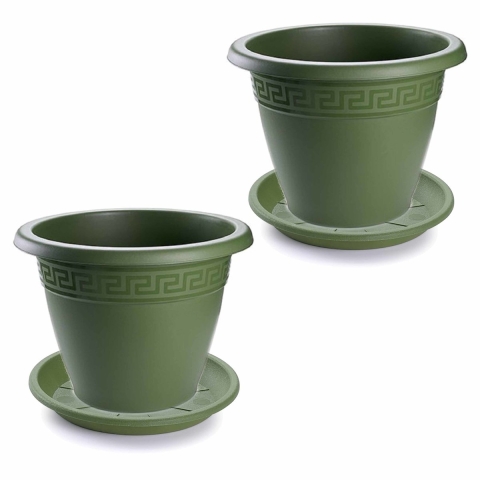 3x stuks bloempotten met onderschaal donkergroen rond diameter 45 cm -