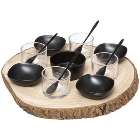Serveerplank/amuse/aperitief hapjes - hout/keramiek - zwart - voor 4x personen - 14-delig -
