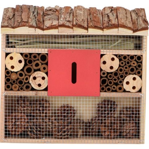 Insectenhotel huisje schorsen dak en rood middenvak 30 cm -