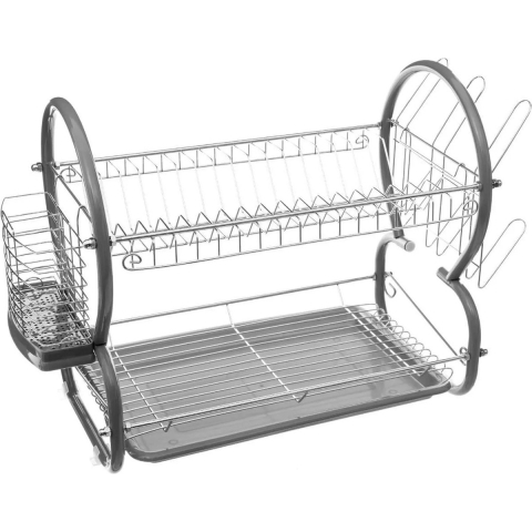 Afdruiprek/afwasrek 2-laags met lekbak grijs 43 x 24,5 cm van metaal -