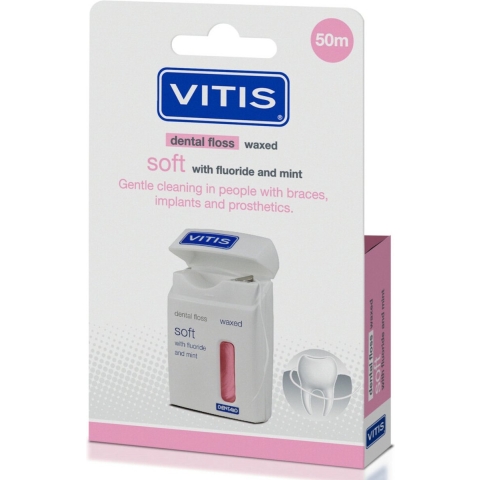 3x Vitis Waxed Dental Floss Fluoride&Mint 50 meter