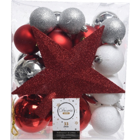 Decoris kerstballen - 34-dlg - rood/wit/zilver - kunststof -