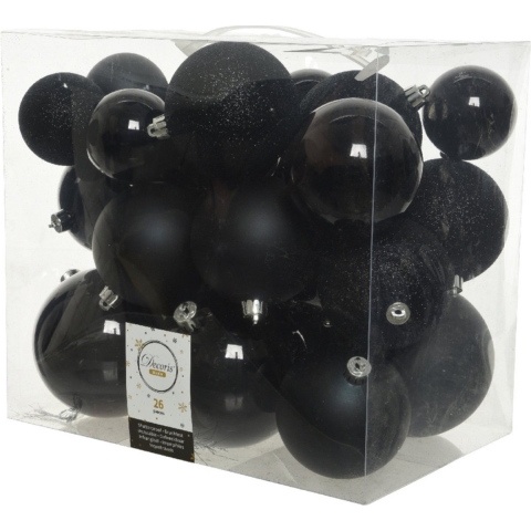 Kerstballen - 26x st - zwart - 6-8-10 cm - kunststof - kerstversiering -