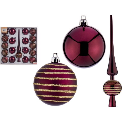 Kerstballen 6 cm - met piek - 19-delig - wijn rood/bordeaux - kunststof -