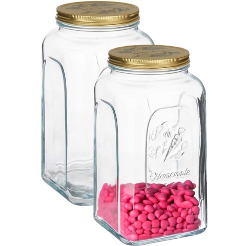 Voorraadpot/bewaarpot Square - 2x - glas - 3L - transparant/goud - 13 x 25 cm - luchtdicht -