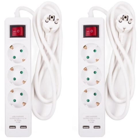 Benson Stekkerdoos 3-voudig- 2x usb - schakelaar - geaard - wit - snoer van 150 cm -