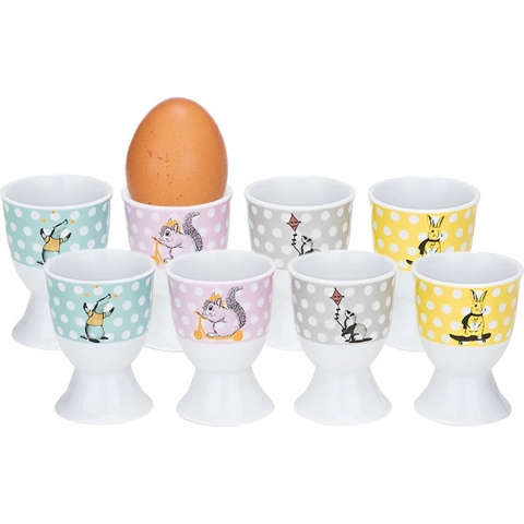 Eierdopjes - dieren - 8-delig - porselein - wit - D5 x H6.7 cm -
