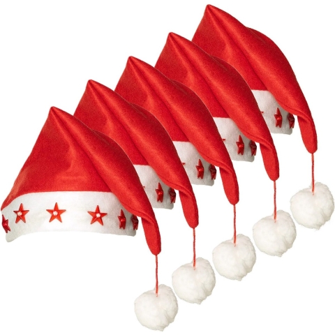 Kerstmutsen - 5x - rood - met sterren lichtjes - polyester - volwassenen - verlichte kerstmuts -