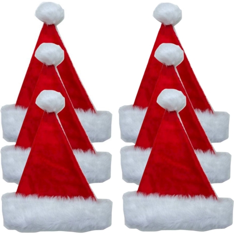 Kerstmutsen - 6x - rood - met nepbont - pluche - polyester - volwassenen -