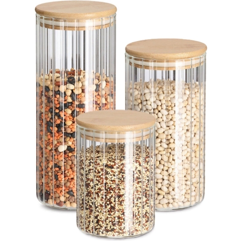 Voorraad/bewaar pot Grooves - set 3x stuks - hard glas - bamboe deksel - lucht dicht - transparant -