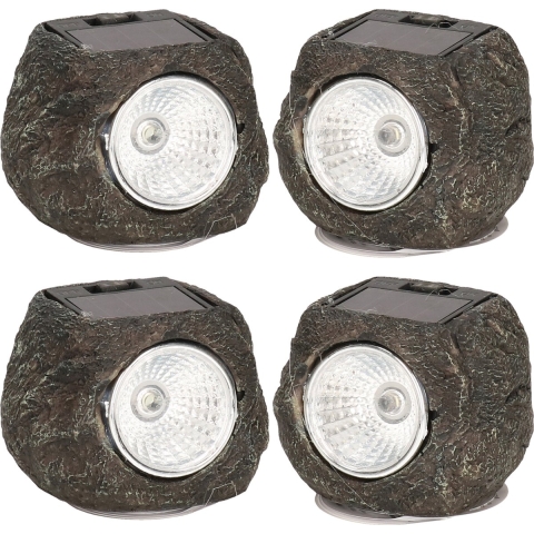 Buiten lamp/spot solar verlichting - 4x - steen vorm - LED - 13 x 9 cm -