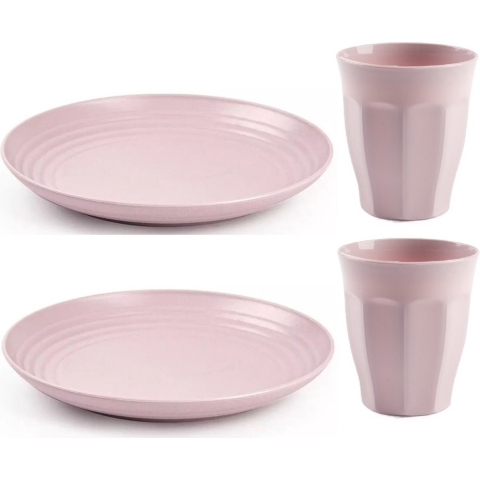 Servies van kunststof - 4x dinerborden en 4x drinkbekers - roze -