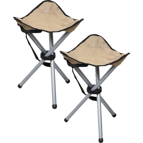 Driepoot opvouwbaar zit krukje - 2x - beige - metaal - 32 x 43 cm - vissers krukje -