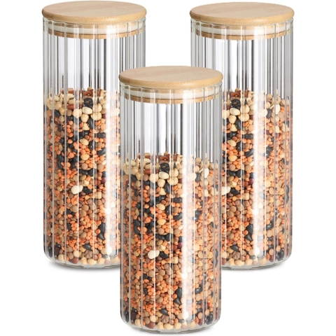 Voorraad/bewaar pot Grooves - 3x - hard glas - transparant - 1100 ml - bamboe deksel - luchtdicht -