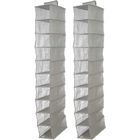 Kledingkast organizer - 2x - 10 vaks - grijs - 15 x 28 x 118 cm - ruimtebesparend/hangend -