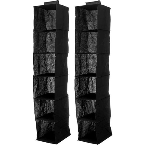 Kledingkast organizer - 2x - 6 vaks - zwart - 25 x 25 x 138 cm - ruimtebesparend/hangend -
