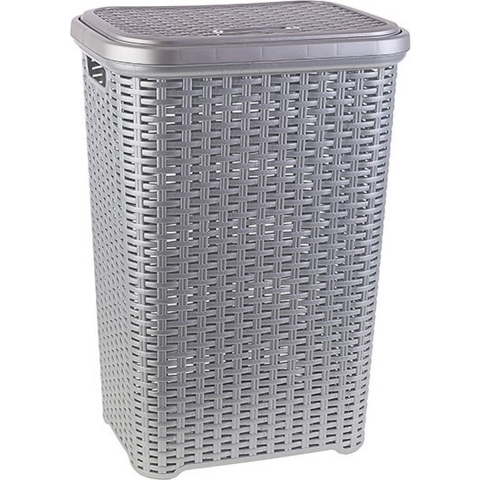 Plasticforte Wasmand met deksel - 60 liter - zilvergrijs - rotan - kunststof - L35 x B43 x H62 cm -
