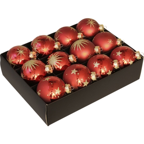 12x Luxe glazen rode kerstballen met gouden decoratie 7,5 cm -