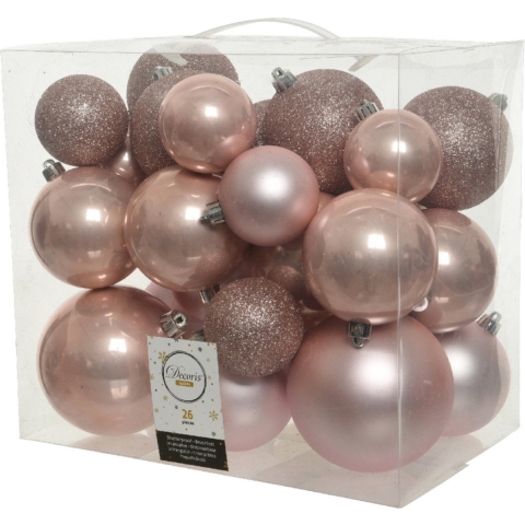 Kerstballen - 26x st - lichtroze - 6-8-10 cm - kunststof - kerstversiering -