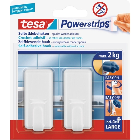Tesa Powerstrips haken - 3x - large - kunststof - wit - verwijderbaar -