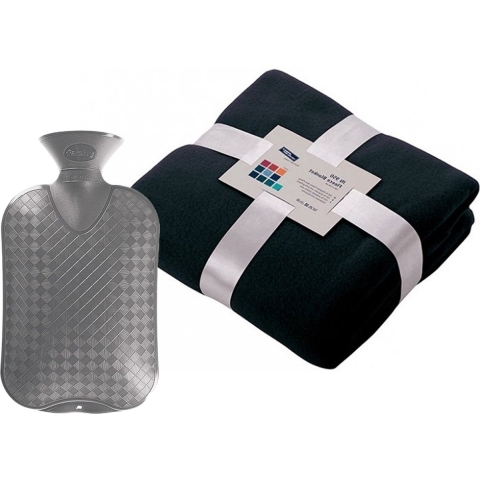 Fleece deken/plaid - donkerblauw - 130 x 170 cm - kruik - 2 liter -