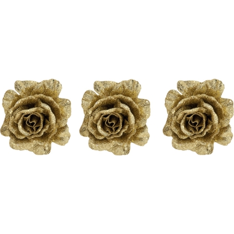 6x stuks decoratie bloemen roos goud glitter op clip 10 cm -