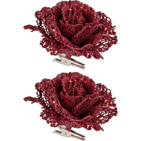 6x stuks decoratie bloemen roos rood glitter op clip 10 cm -